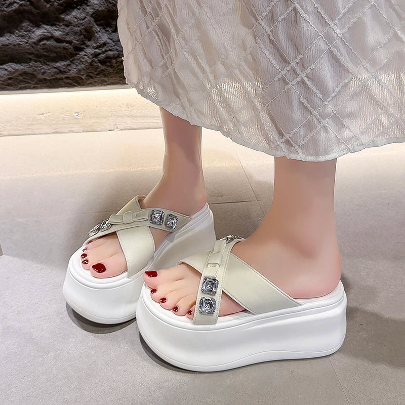 Summer Women's Luxury Rhinestone Bow Platform Wedge Slides Sandals Height Increasing Cross Open Toe Casual Beach Slippers Shoes