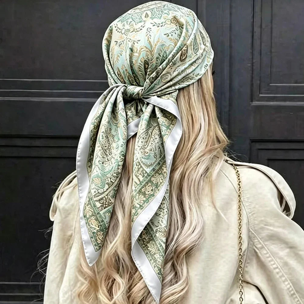 Luxury Satin Paisley Print Silk Scarf Bohemian Multi-Use Shawl High-Quality Bandana Edge Headscarf Commuting Travel Decorative