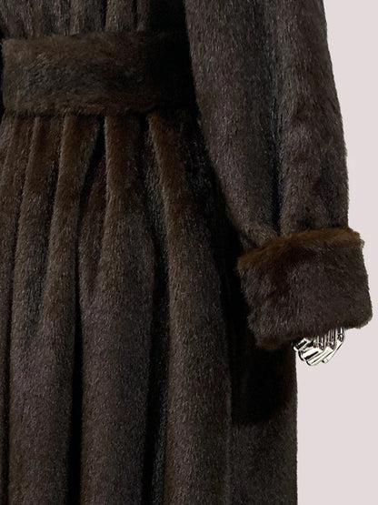 Mauroicardi Winter Long Thick Warm Brown Skirted Faux Mink Fur Coat Women Shawl Collar Sashes Elegant Luxury Furry Overcoat 2025