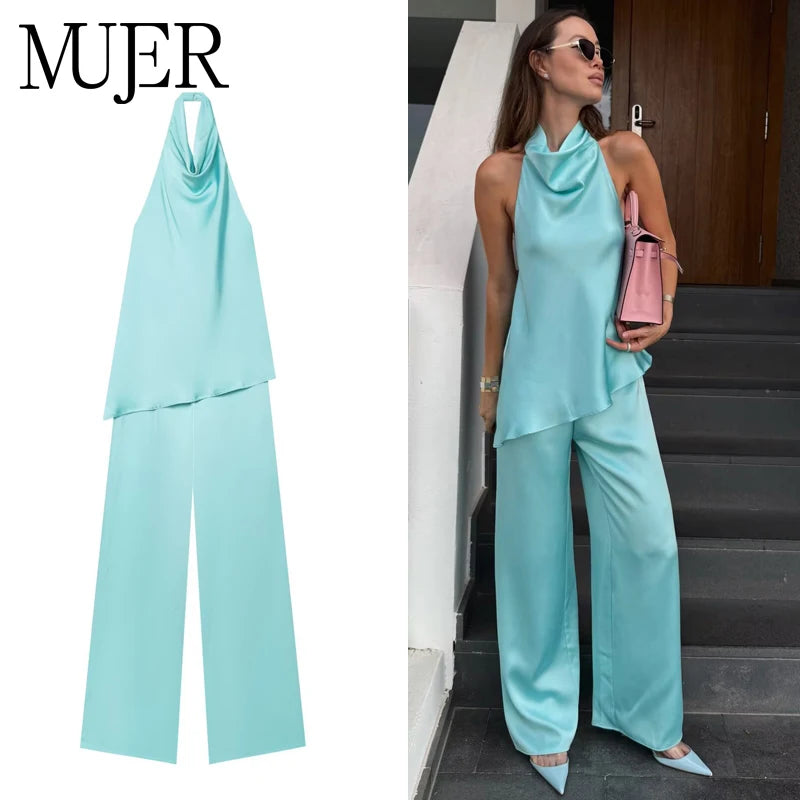 MUJER Satin Halter Jumpsuits for Women Backless Long Jumpsuit Woman One Piece Wide Leg Women's Jumpsuit Summer Overalls Women