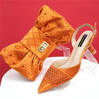 Nigerian Women Heel Party Ladies Italian Design Shoes And Bags Set Decorated with Rhinestone Handbag Wedding Party