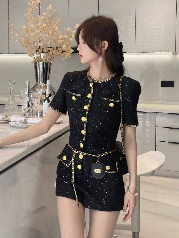 French Style Women Short Sleeve One Piece Tweed Playsuit O Neck Single Breasted Elegant Ladies Slim Fit Jumpsuit Casual Rompers