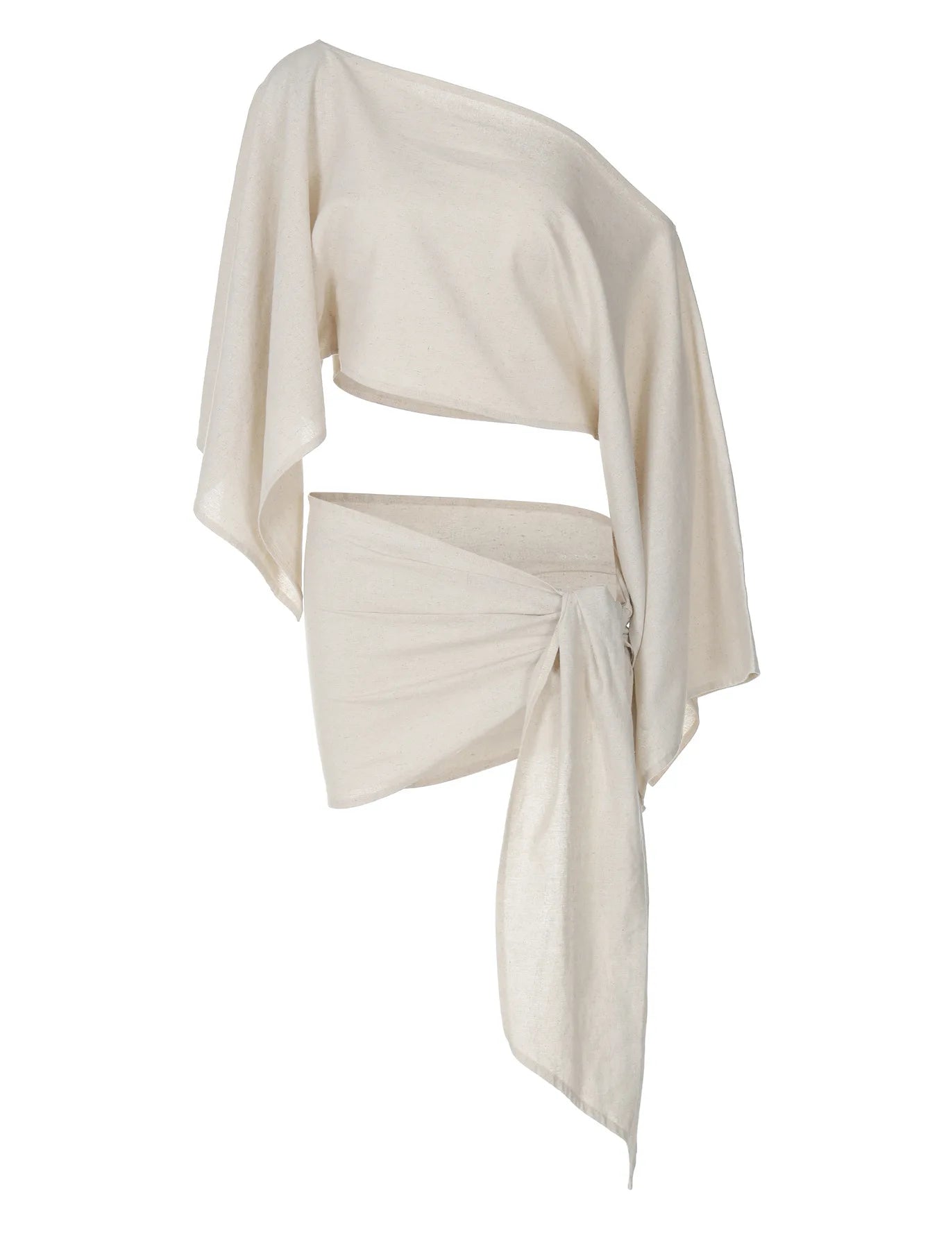 Beach Cover Ups Women Linen Long Pagoda Sleeve Crop Top 2 Piece Set One Piece Twisted Knot Mini Skirt Suit Summer Lady