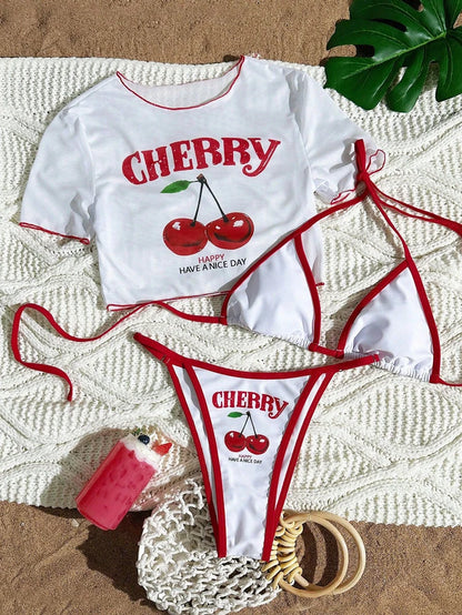 Cute Halter Bikini 3 Pieces Cherry Print 2026 Sexy & Fresh Feeling Bathing Suit Three-Piece Swimsuit Dark Blue Beach Swimwear
