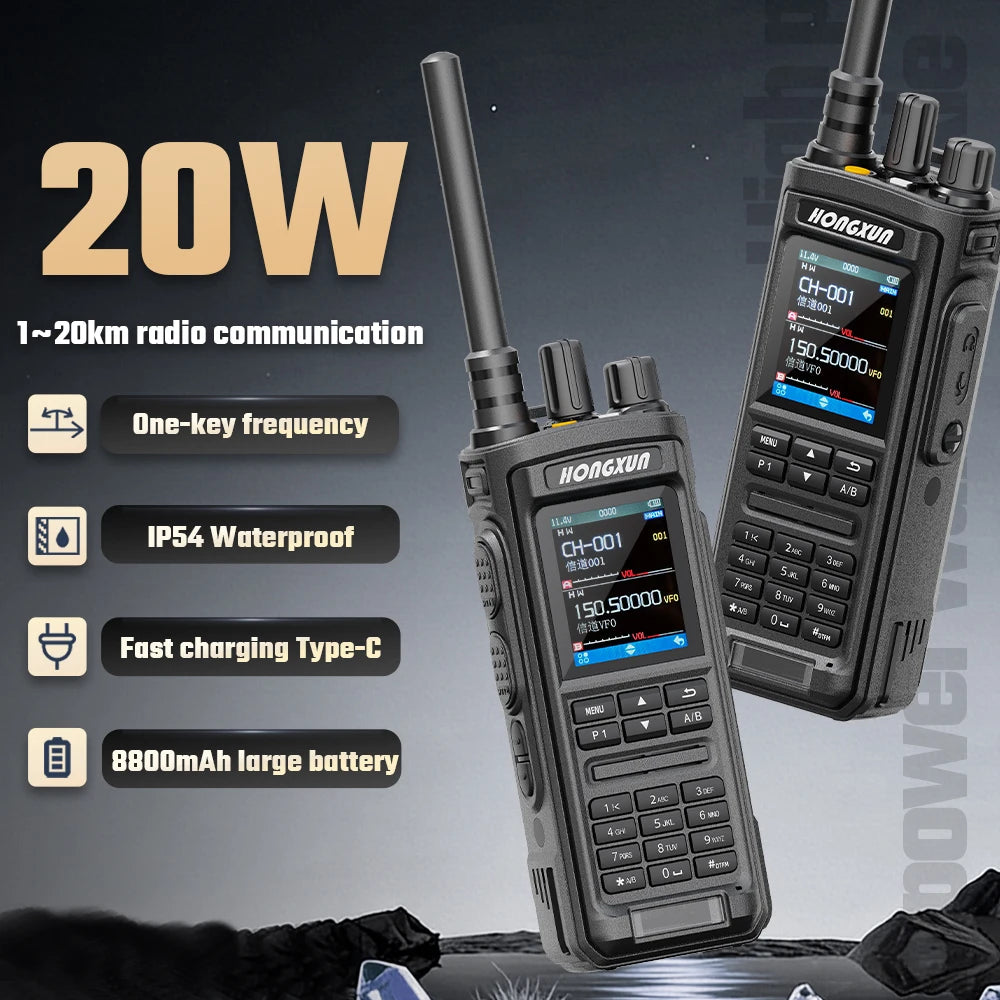 HX P8600 IP68 Handheld Walkie Talkie 10-20KM 136-174/400-520MHz LED Large Screen VOX FM Radio Long Range 20W Two Way Radio