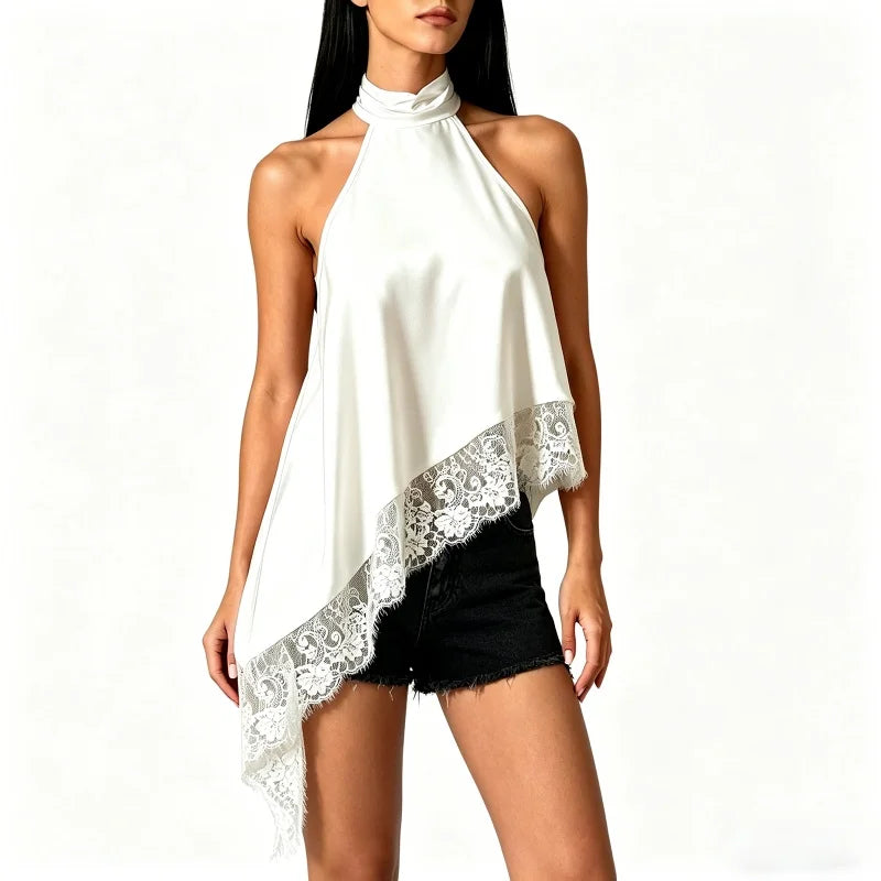 Women Y2k Mock Neck Halter Top Satin Lace Asymmetrical Hem Tank Tops Sleeveless Elegant Going Out Crop Tops