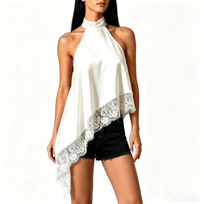 Women Y2k Mock Neck Halter Top Satin Lace Asymmetrical Hem Tank Tops Sleeveless Elegant Going Out Crop Tops