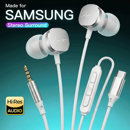 Type C Wired Headphones HiFi Bass Stereo Volume Control Headset In HD Mic Wired Earbuds For Samsung Galaxy S26 S25 S24 Earphones