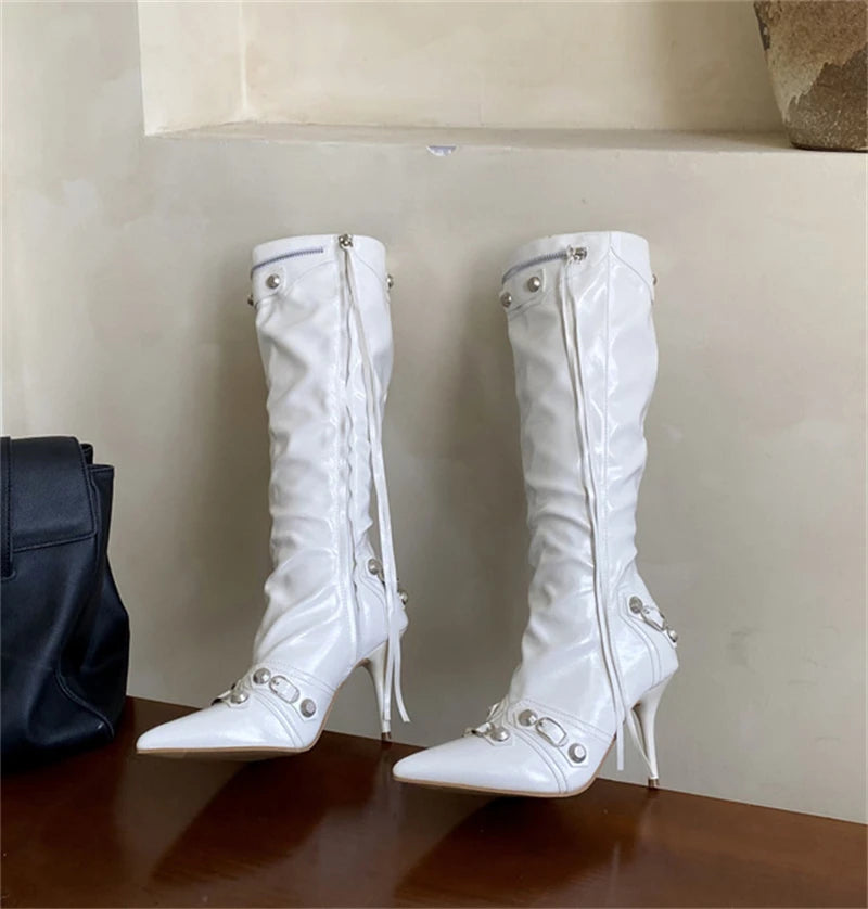 ZAROY Thin High Heels Knee-high Boots Women Winter Shoes Designer Tassels Rivet Side Zippers Sexy Pointed Toe Punk Long Booties
