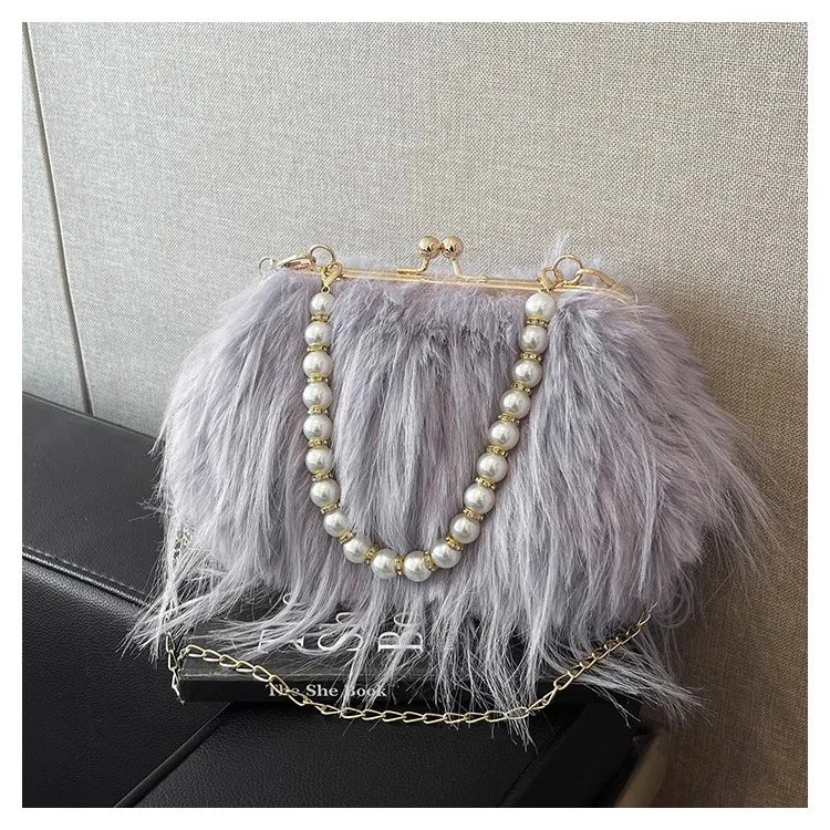 Beading Chain Women's Evening Plush Handbags Faux Fur Tassel Ladies Shoulder Bag Elegant Female Crossbody Bags Party Furry Purse