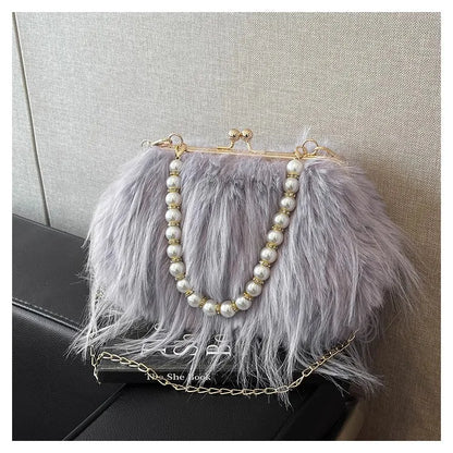 Beading Chain Women's Evening Plush Handbags Faux Fur Tassel Ladies Shoulder Bag Elegant Female Crossbody Bags Party Furry Purse
