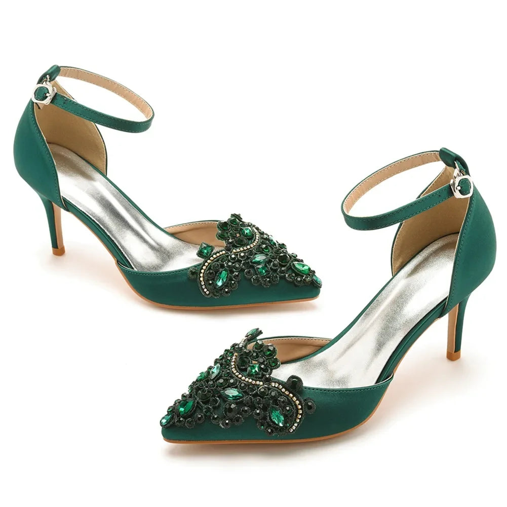 XIHAHA Woman High Heels New Pointed Artificial Diamond Metal Buckle Party Carnival Women's Shoe Satin Girls Banquet Dance Shoes