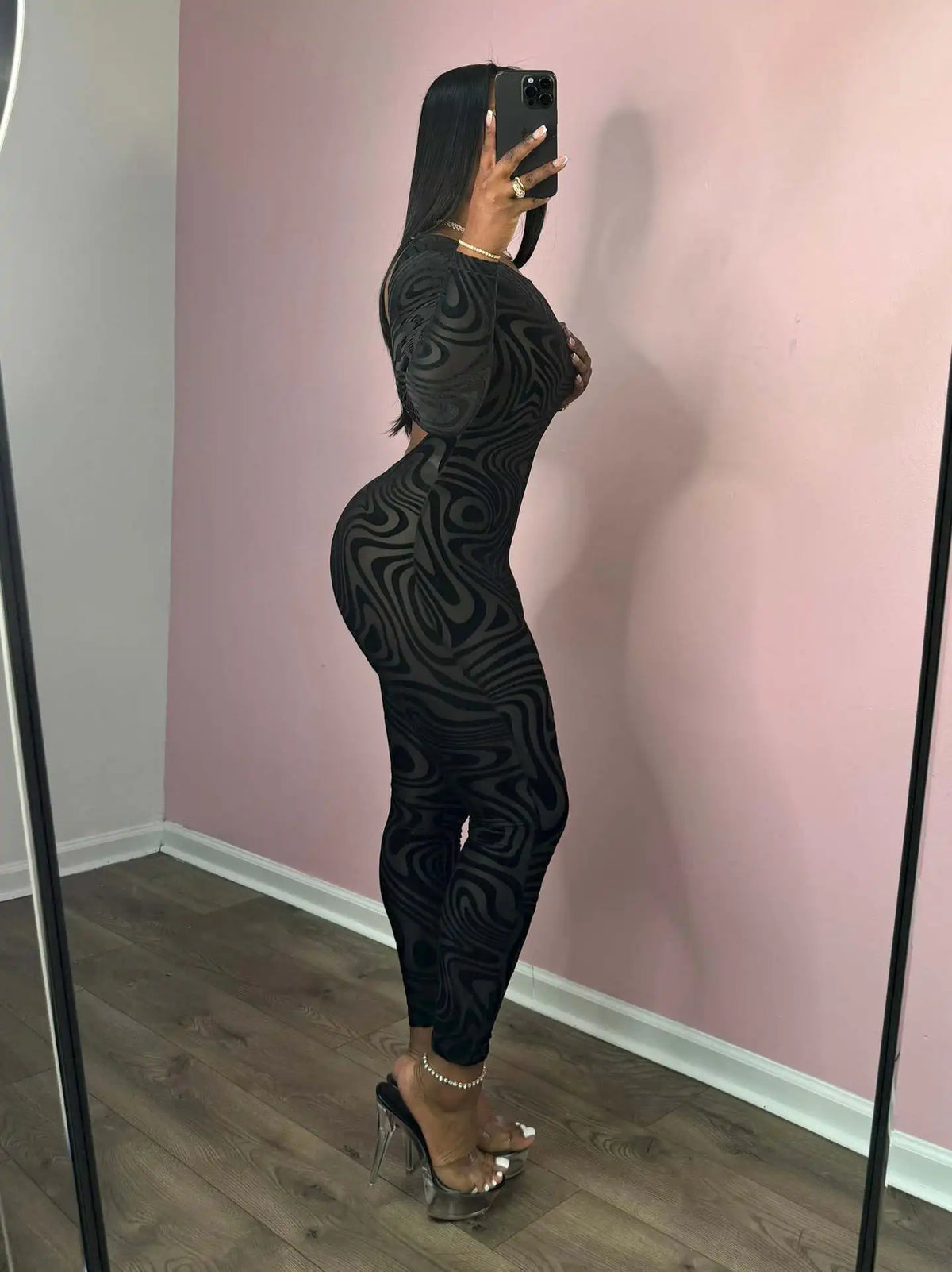 FAGADOER Spring New Sexy Jumpsuit Women Black Printing Mesh Backless Bodycon Rompers Fashion Female Streetwear Overalls 2025