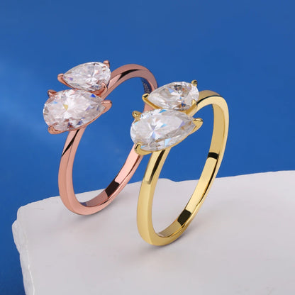 1.5cttw Double Pear Cut Moissanite Diamond Ring for Women Two Stone Toi Et Moi Wedding Bands 925 Silver 18k Gold Plated Jewelry
