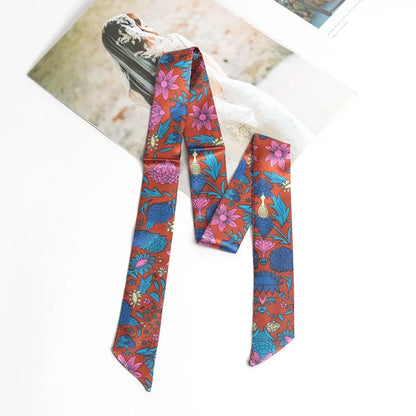 Women Print Flower Small Scarf Handle Bag Ribbons Fashion Head Scarf Small Long Skinny Scarves Headbands Tie Accessories