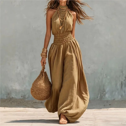 Summer Sexy Halter Sleeveless Pleated Jumpsuit Women Fashion Solid Elastic Waisted Wide Leg Jumpsuit Casual Loose Rompers Street