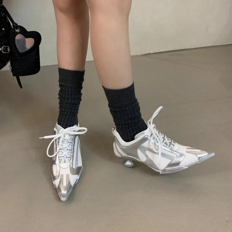 Silver Lace-up Sports Heels Women Fashions Pointed Toe Strange Style Mesh Sneakers Elegant Punk Shoes Female Luxury Brands Pumps