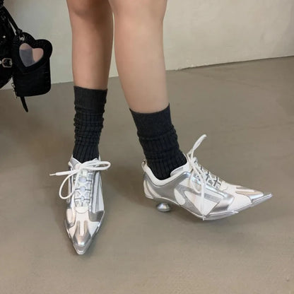 Silver Lace-up Sports Heels Women Fashions Pointed Toe Strange Style Mesh Sneakers Elegant Punk Shoes Female Luxury Brands Pumps