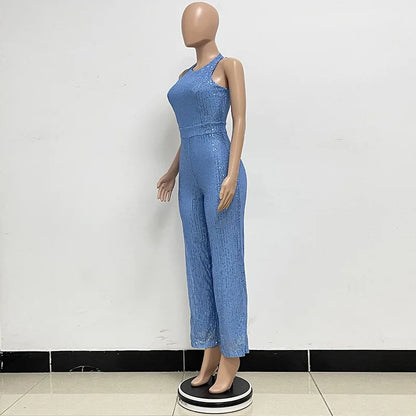 Bling Bling Sequined Club Jumpsuit Sexy Women O-neck Elegant Shiny Sliver Gold Sequins Straight Romper Overalls