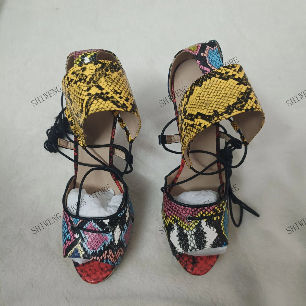 Women Multicolor Snake Print Ankle Cuff Platform Sandals Open Toe Lace Up Stiletto Heel Party Club Evening Prom Dress Shoes 44