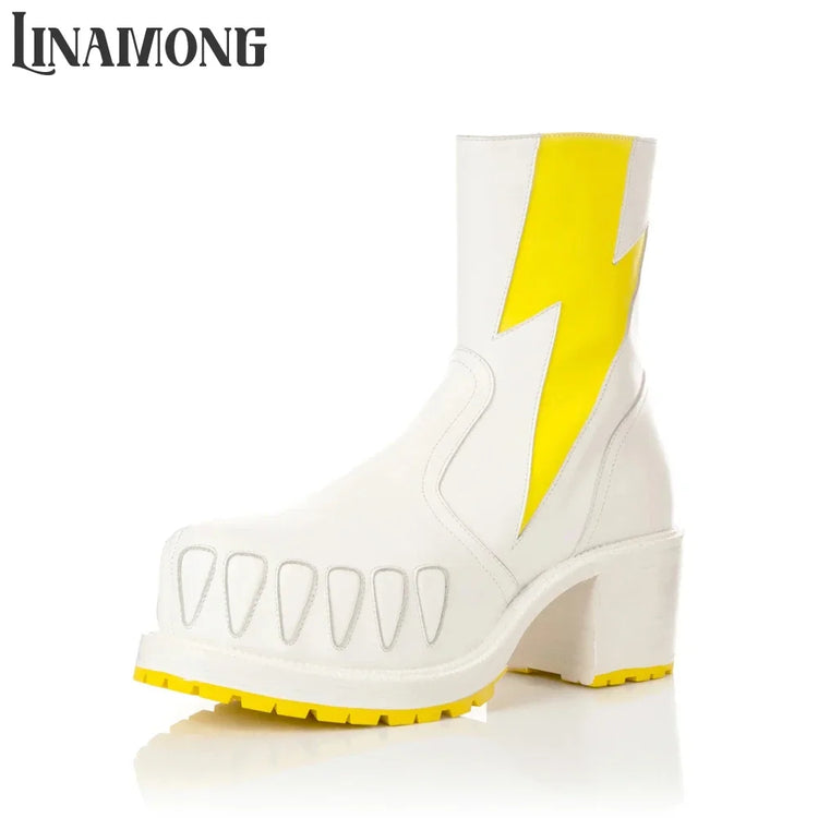 White Yellow Flame Print Booties Luxury Designer Ankle Boots Round Toe Chunky Heel Full Length Zipper Boots PU Leather Men Boots