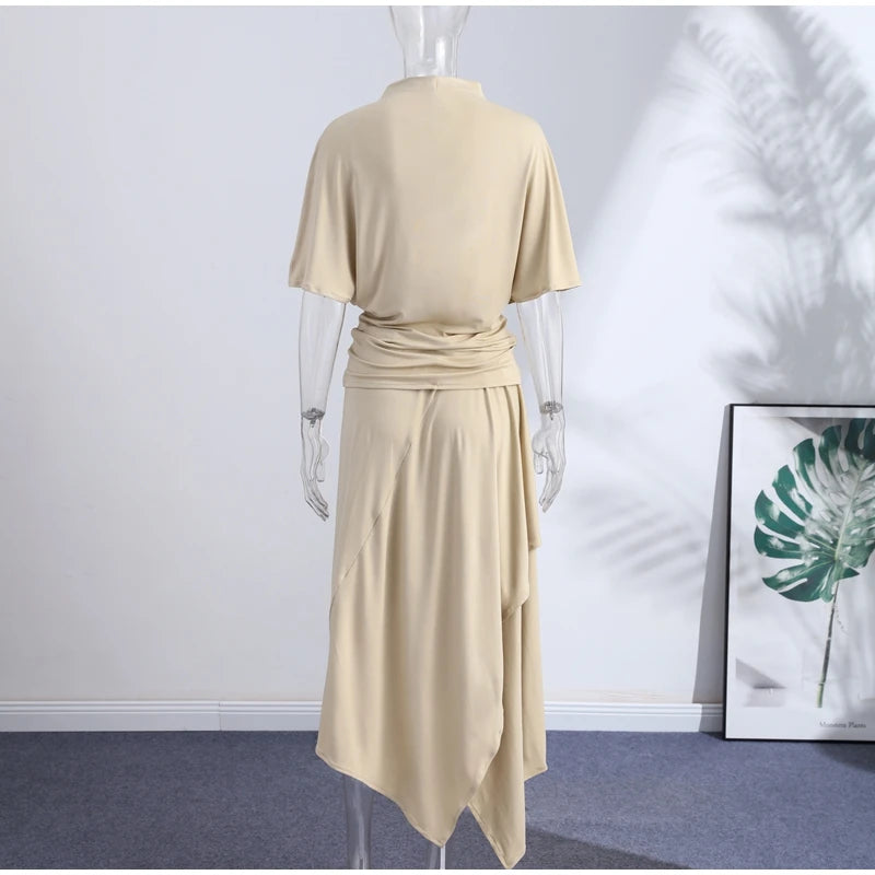 Fashion Elegant Casual Top Skirt Sets High Neck Loose Crop Shirt Irregular Pleated Hem Long Skirt 2026 New Lady Commuter Outfits