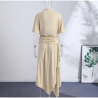 Fashion Elegant Casual Top Skirt Sets High Neck Loose Crop Shirt Irregular Pleated Hem Long Skirt 2026 New Lady Commuter Outfits