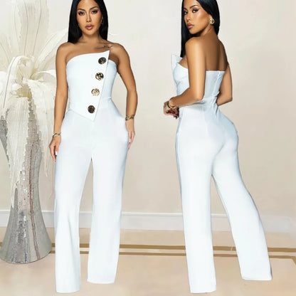 Sexy Backless Strapless Jumpsuit Summer Women Fashion Solid Button Sleeveless Slim Fit Wrap Hip Jumpsuits Elegant Office Romper