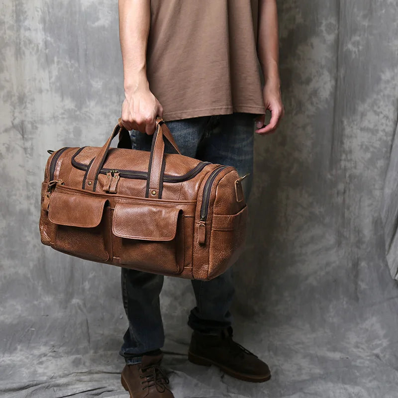 Vintage Large Capacity Men's Top Layer Cowhide Travel Bag Genuine Leather Crossbody Bag Hand-Held Short Distance Luggage Bag