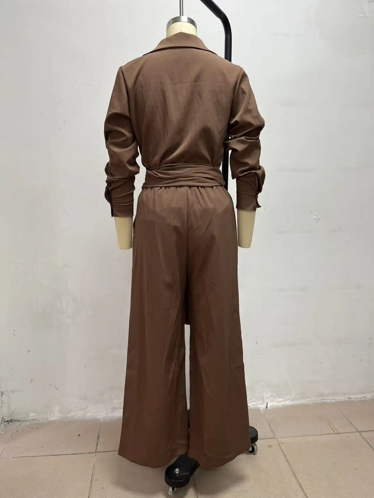 Women Brown Jumpsuit  Outfit Lapel Long Sleeve Button Shirt High Waist Belt Tie Wide Leg Pants Elegant Office Vacation Jumpsuits