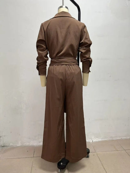 Women Brown Jumpsuit  Outfit Lapel Long Sleeve Button Shirt High Waist Belt Tie Wide Leg Pants Elegant Office Vacation Jumpsuits