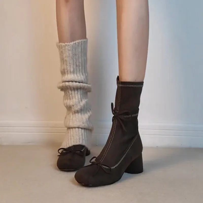 2026 New Style Women's Thick Heel Slim Boots - Early Spring New Style Bowknot Short Boots