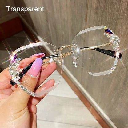 Vintage Cutting Lens UV400 Women Sun Glasses Gradient Rimless Sunglasses Rhinestone Sunglasses