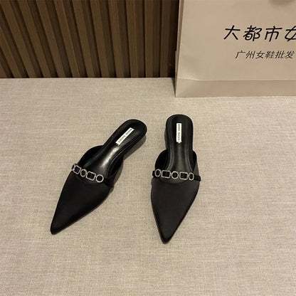 2025 New Luxury Fashion Rhinestones Ladies Heeled Slippers Sandals Shoes Female Low Heel Slides Slippers Shoes for Women Mules