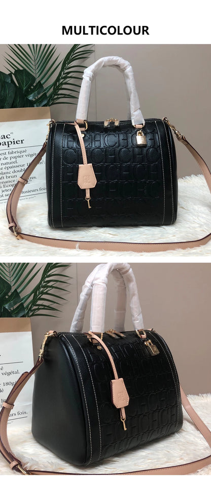 CH Carolina Herrera Boston Bag Women Leather Embossed Logo Shoulder Bag Luxury Travel Handbag Large Capacity
