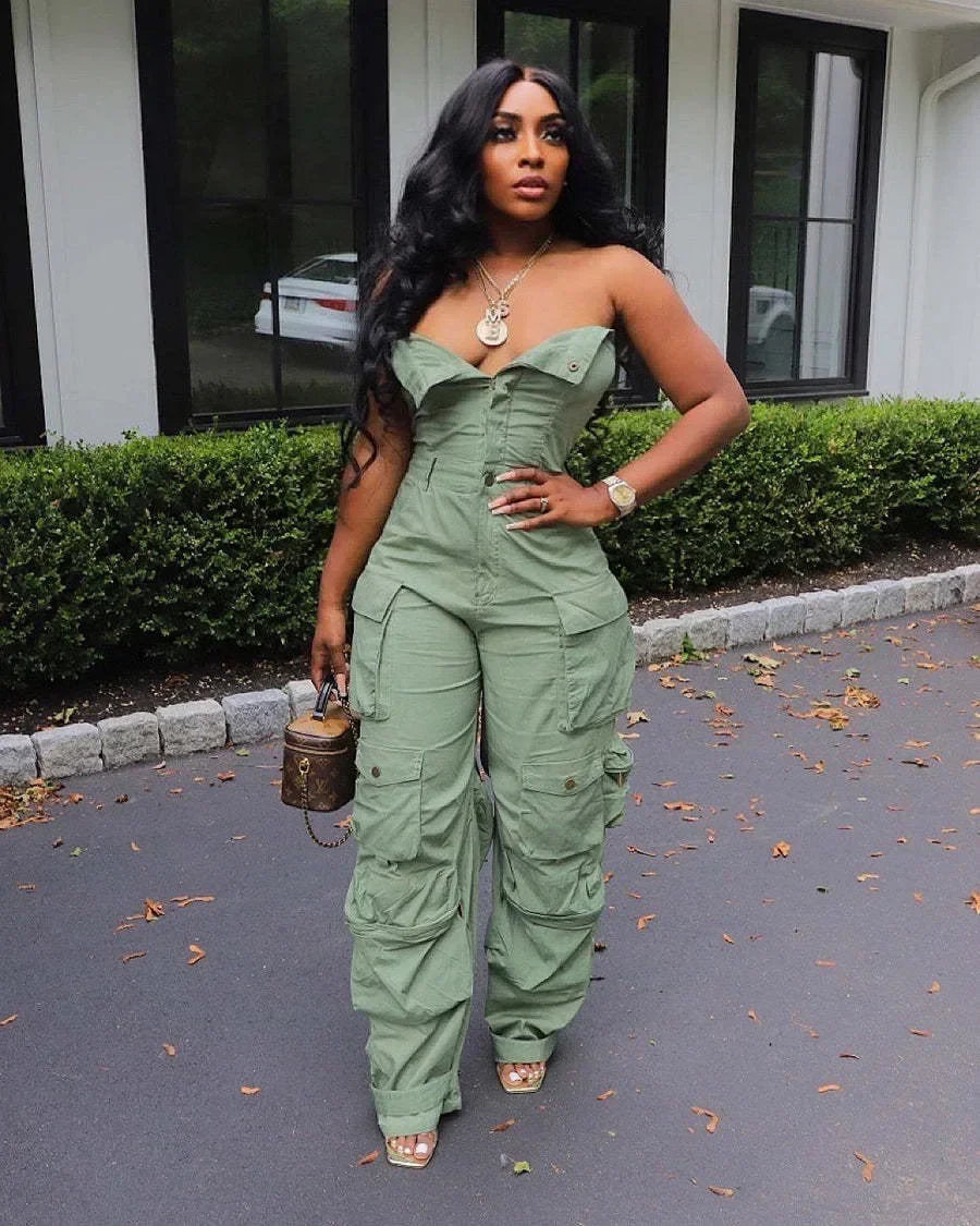 Jumpsuits Women Sexy One Piece Strapless Sleeveless Single Breasted Multiple Pockets High Waist Overalls Streetwear Trousers