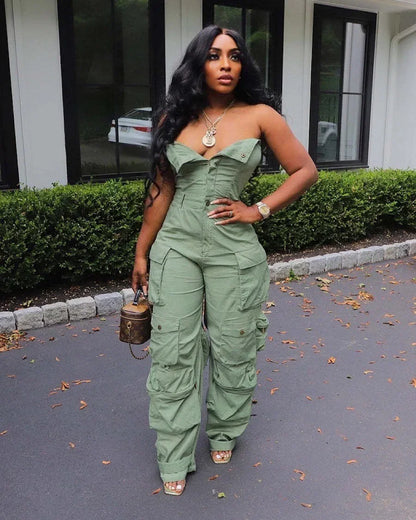 Jumpsuits Women Sexy One Piece Strapless Sleeveless Single Breasted Multiple Pockets High Waist Overalls Streetwear Trousers