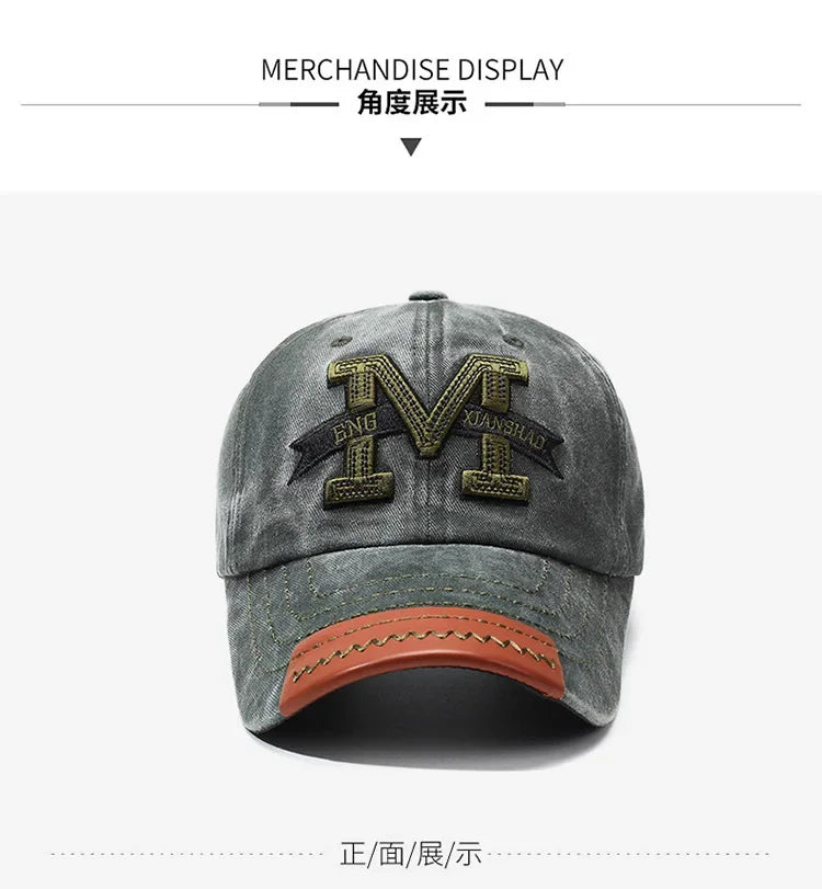 Outdoor sports hat retro men's washed faded old cowboy hat M letter cotton soft top embroidered sunshade baseball cap