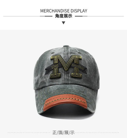 Outdoor sports hat retro men's washed faded old cowboy hat M letter cotton soft top embroidered sunshade baseball cap