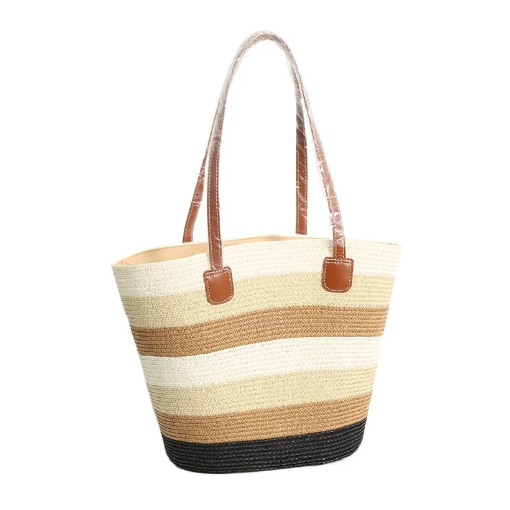 Fashion Straw Tote Bag Stripe Large Capacity Woven Shoulder Bag Square Zipper Woven Hat Vacation Top-Handle Bags