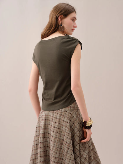 FSLE 【Premium Series】 Women's 2026 Summer New Asymmetrical Slant Neck Knit T-Shirt | Slim Fitted Stylish Top Cotton Contain Tops