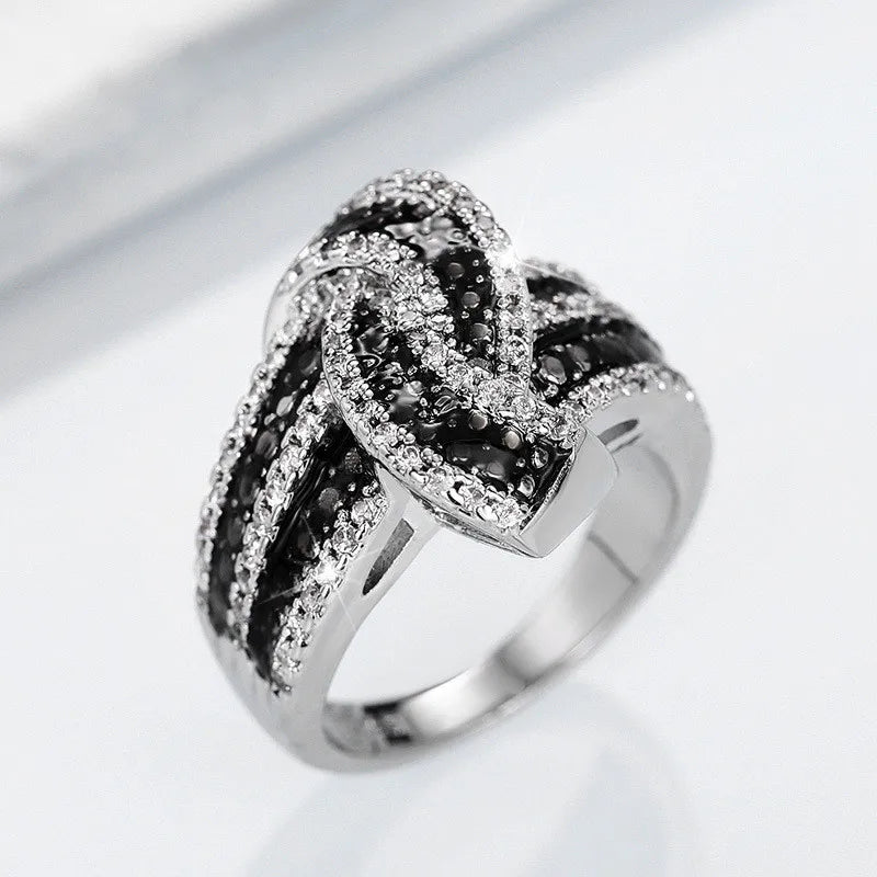 925 Sterling Silver Black Enamel Knot Ring for Women New Modern Design Chic Female Finger Ring Party Bling CZ Statement Jewelry