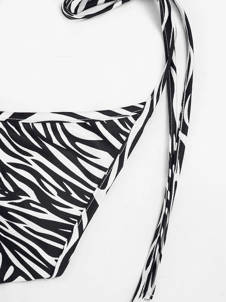 Weird Puss Sexy Fashion Playsuits Woman Zebra Stripes Lace-Up Halter Backless Shape Waist Skinny Peach Hip Wild Style Rompers