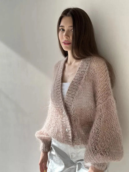 Women Knitting Cardigan 2026 New Women Mohair Knit Cardigan Hollow Out Sheer Long Sleeve Casual Knitted Outerwear Sweater