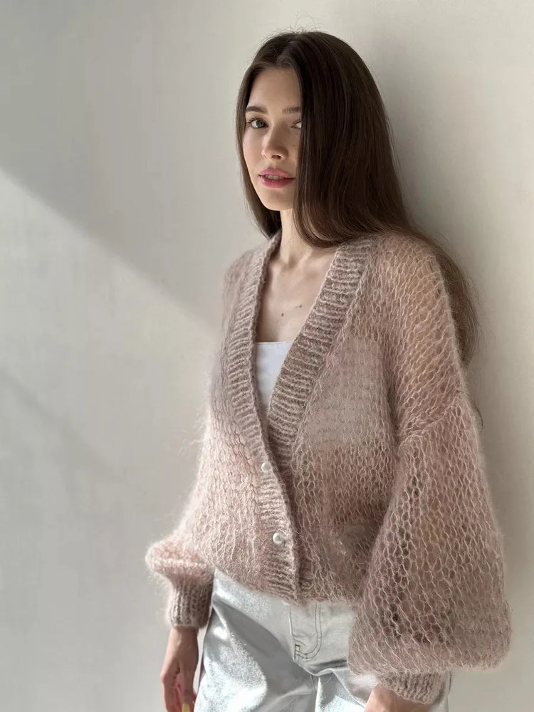 Women Knitting Cardigan 2026 New Women Mohair Knit Cardigan Hollow Out Sheer Long Sleeve Casual Knitted Outerwear Sweater
