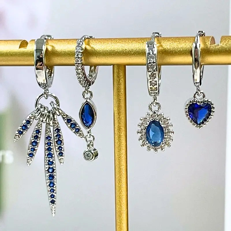 925 Sterling Silver Needle Dark Blue Crystal Silver Earrings Women's Exquisite Heart Blue Pendant Hoop Earrings Luxury Jewelry