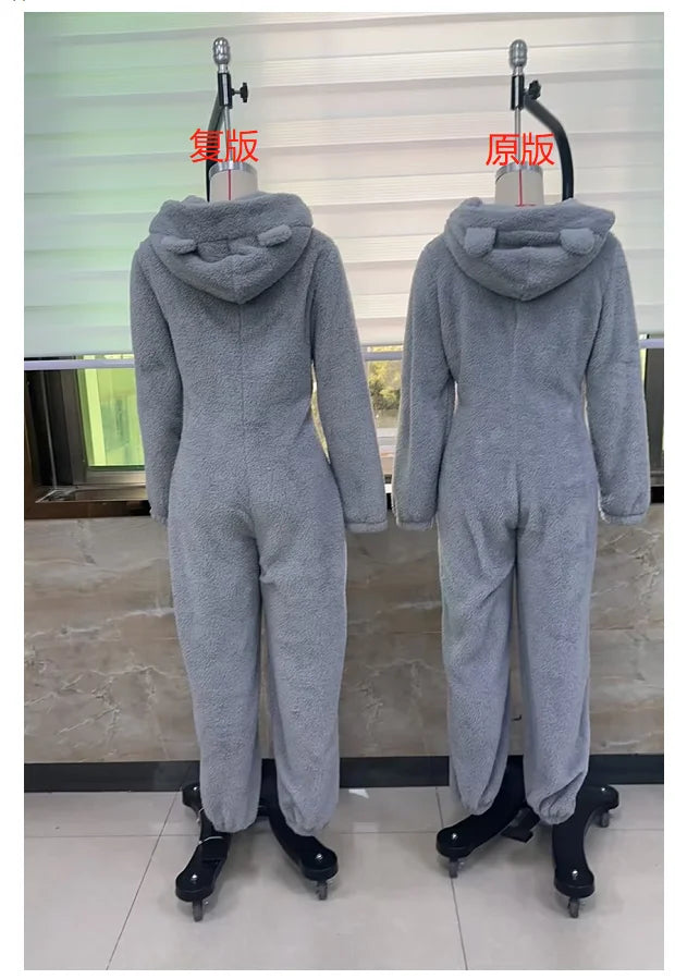 Women's Fleece Oneseies Zip Up Hooded Pajamas Rompers Cozy Sleepwear Pyjamas Autumn Winter Warm Loungewear Jumpsuit