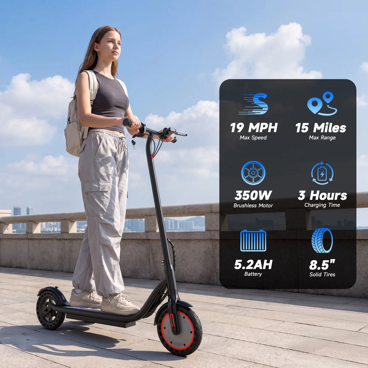8.5'' Solid Tire Electric Scooter, 350W Powerful Motor & 19MPH Top Speed, 16 Miles Range, Lightweight E-Scooter with EABS & Drum Brake for Teens and Adults