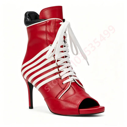 2026 Summer New Style Striped Peep Toe Ankle Boots Women Front Lace Up Thin Stiletto High Heel Fashion Streetwear Booties