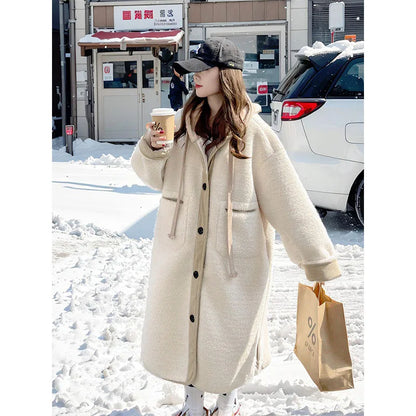 Women Wool Long Coats Jackets Blends Hooded Casual Loose Coat Thick Warm Y2k Streetwear Jacket Work Outerwear Autumn Winter